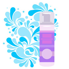 Splash of blue water drops and plastic cosmetic bottle for cream, shampoo, ets. Nature splash pattern and cosmetic pack isolated on a white background. Concept of the purity of your product. Vector il