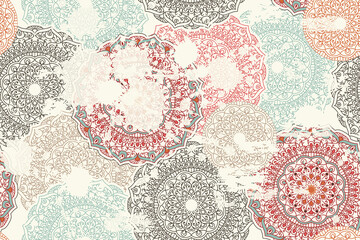 Aufkleber - Abstract seamless turkish pattern with blots and an effect of attrition in retro colors. Shabby carpet from mandalas. Vector Background for ceramic tile, wallpaper, linoleum, textile, rug, web page