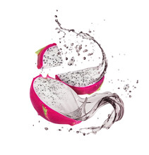 Sliced Dragon Fruit With Splashes Of Juice, Isolated On A White Background