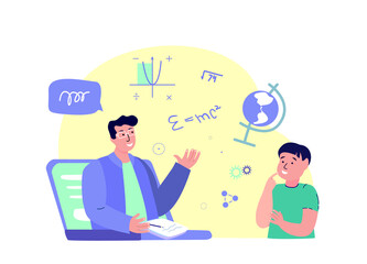 Remote Education.Online Digital Lesson Tutorial Education for Child.Teacher Coach Explain Knowledge for Pupil in Laptop.Student Study.Homework.Home Schooling.Internet Learning.Vector Flat Illustration