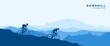 Cyclist couple descending down the mountain. Landscape camper silhouettes vector illustration