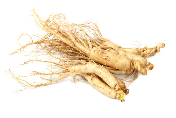 Wall Mural - Fresh ginseng on white background.