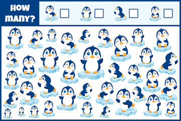 Educational mathematical game. Count the penguins. Count how many penguins. Counting game for children.