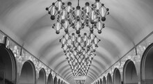 Low Angle View Of Illuminated Chandelier In Moscow Metro Station Mendeleevskaya