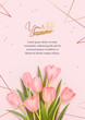 Greeting card design template. Vector illustration of realistic tulips and golden elements. Floral background for poster, cover, booklets, wedding invitation