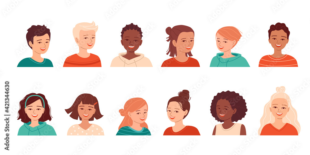 Diverse happy kids avatars set. Smiling little boys and girls of ...