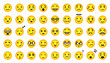 Cartoon gradient cute emoji set. Vector flat comic yellow emoticon isolated on white.  World emoji day. Mood and facial smiles. Funny, angry, happy and sad faces web icons for chat message