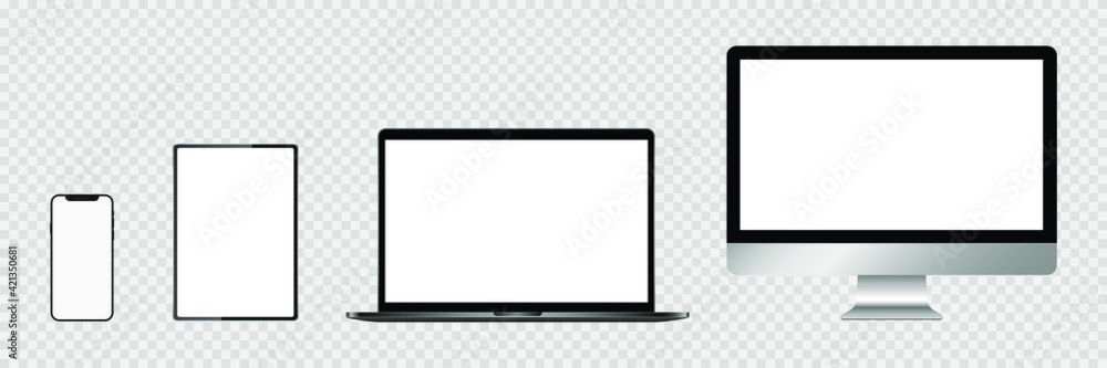 Realistic set of monitor, laptop, tablet, smartphone. Stock Vector illustration. - obrazy, fototapety, plakaty 