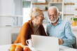 © Goran - Happy mature couple using laptop at home