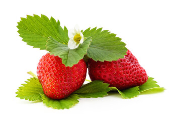 Poster - Red strawberry with green leaves and flower.