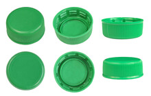 Set Of Plastic Green Bottle Caps Isolated On White Background