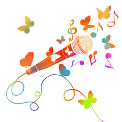 multicolored microphone with butterflies and notes. cartoon vector icon isolated on white background