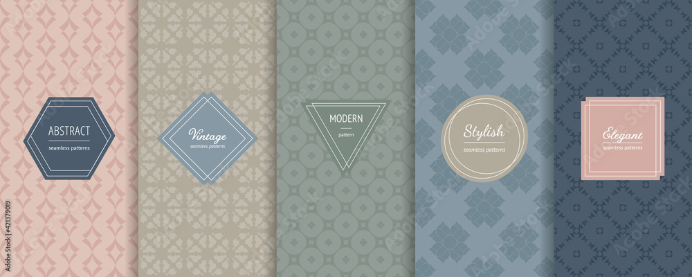 Vector seamless patterns collection. Set of abstract geometric textures in trendy pastel colors, powdery, green, blue. Elegant modern minimal labels. Design template for decor, print, banner, ads - obrazy, fototapety, plakaty 