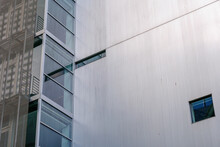 Exterior Architectural Detail Of Mixture Facade Elements And Material Of Modern Office Buildings.