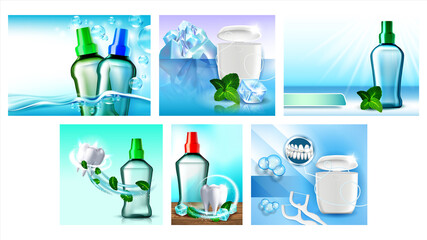 Sticker - Mouthwash And Dental Floss Posters Set Vector