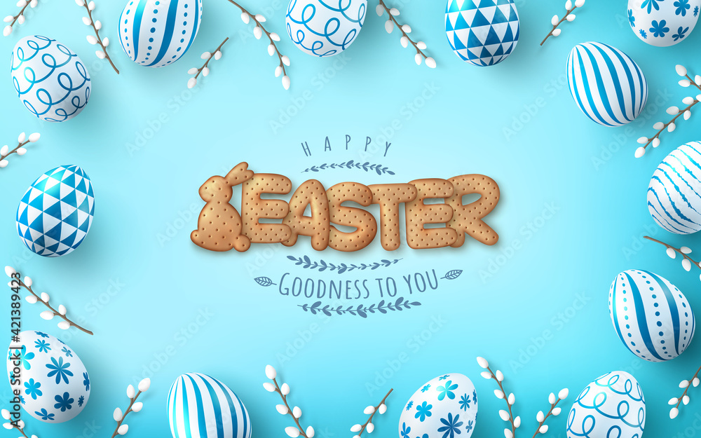 Easter poster and banner template with Easter eggs and Cute bunny and letters Biscuit on light green background.Greetings and presents for Easter Day in flat lay styling.Banner template for Easter day - obrazy, fototapety, plakaty 