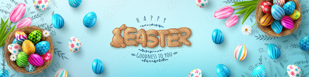 Easter Poster And Flyer Template with Easter eggs in the nest and Font of cracker biscuits on bule background.Greetings and presents for Easter Day in flat lay styling.banner template for Easter day - obrazy, fototapety, plakaty 