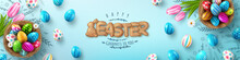 Easter Poster And Flyer Template With Easter Eggs In The Nest And Font Of Cracker Biscuits On Bule Background.Greetings And Presents For Easter Day In Flat Lay Styling.banner Template For Easter Day