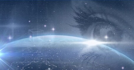 Wall Mural - Animation of glowing stars and earth and geometric figures over woman's eye