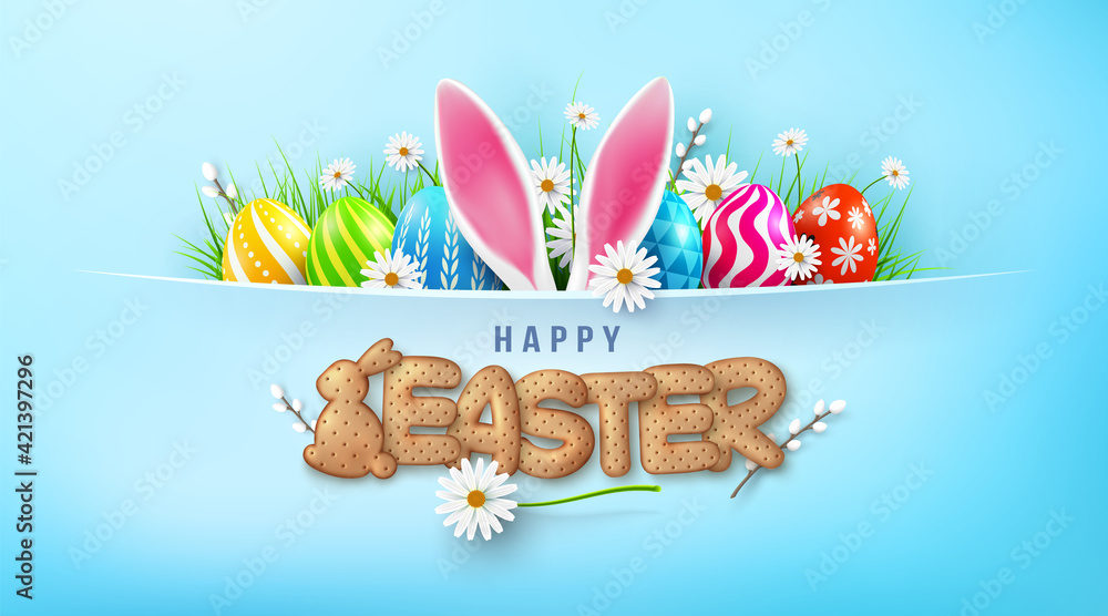 Easter poster and banner template with Easter eggs and Cute bunny and letters Biscuit on light green background.Greetings and presents for Easter Day in flat lay styling.Banner template for Easter day - obrazy, fototapety, plakaty 