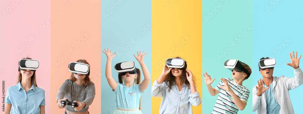 Different people with virtual reality glasses on color background - obrazy, fototapety, plakaty 