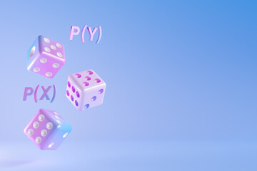 3d render Gradient color three dices illustration. Probability math education concept.