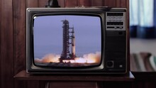 Apollo 11 Rocket Launch in an Old Vintage TV Set. Elements of this Video Furnished by NASA. 4K Resolution.