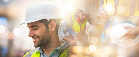 Double exposure of engineer cuacasian man is on duty in work site with abstract bokeh backgrounds.