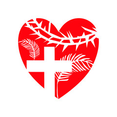 Wall Mural - Palm sunday, Easter day.Palm branch crown of throns, cross in red heart. Jesus love.Easter, good friday, worship, Christian background.Church service, Good friday.Religion background.Illustration.