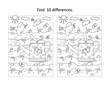 © ratselmeister - Find 10 differences visual puzzle and coloring page. Spring and gardening scene with watering can, young sprouts, birds, insects.
