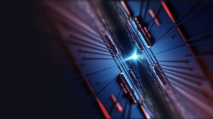 Fototapete - Printed circuit board futuristic server. Circuit board background, can be used as digital dynamic wallpaper, technology background. 3D Render abstract background made of array of points and line.  