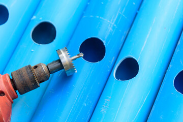 Perforated pvc pipe by HOLE SAW for use in D.I.Y hydroponics sytem of  vegetable garden 