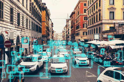 Detection and recognition of cars and faces of people. AI analyze BIG DATA. Artificial intelligence AI concept as technology for safe city in future.