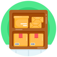 Sticker - 
Inventory on racks, flat style of parcel shelves icon

