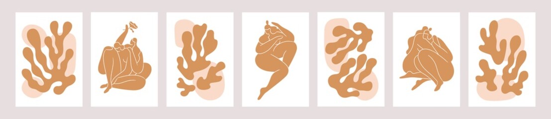 Fototapete - Set of trendy contemporary Matisse-inspired interior posters with abstract algae branches, shapes and woman portraits isolated on white. Modern minimalist wall art. Colored flat vector illustration