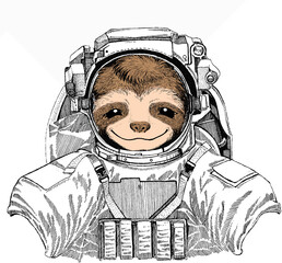 smiling sloth face, vector portrait of sloth. wild astronaut animal in spacesuit. deep space. galaxy