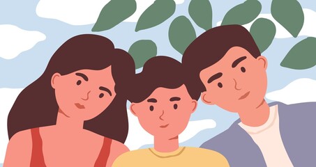 Wall Mural - Family selfie portrait of mother, father and child. Dad, mom and son on nature background. Colored flat vector illustration of parents and teenager