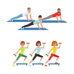 Poster - Young Male and Female Doing Physical Exercises on Mat During Aerobics Class Vector Set