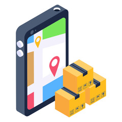 Wall Mural - 
Parcel with mobile map denoting isometric icon of mobile geolocation 

