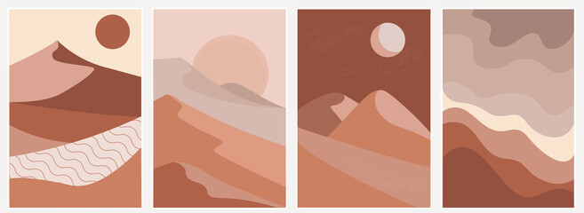 Wall Mural - A set of modern abstract illustrations, landscapes. Mountains, dunes, desert, sun, moon in a minimalist style for posters, prints, wallpapers, textiles, invitations. Vector graphics.