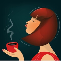 Wall Mural - Portrait of a stylish bright woman enjoying coffee or tea. Time to rest. The girl dreams and reflects over a cup of hot drink. Vector illustration with dark blue background.