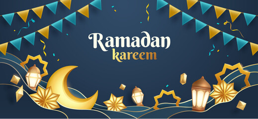 Ramadan Kareem paper graphic of islamic festival design with crescent moon and islamic decorations.