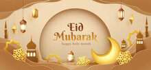 Eid Mubarak Paper Graphic Of Islamic Festival Design With Crescent Moon And Islamic Decorations.