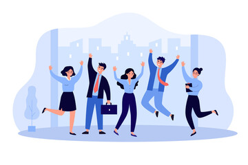 Wall Mural - happy business team people jumping celebrating success. professional office job flat vector illustra