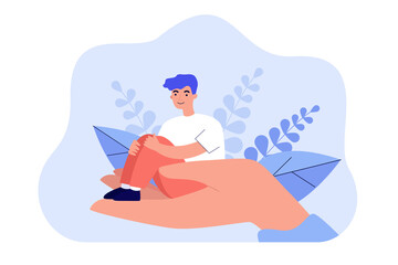 Wall Mural - tiny patient man sitting in counselor hand. person support flat vector illustration. psychologist co
