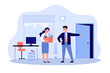 Angry boss man dismissing sad employee woman. Unhappy fired person leaving office work place flat vector illustration. Unemployment concept for banner, website design or landing web page