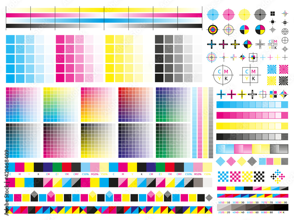 Color cmyk management elements. Offset print registration plates ...