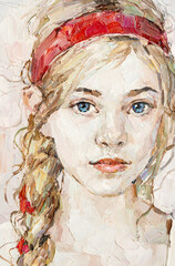 Young girl with a red ribbon in her hair. Blue-eyed girl with a pigtail. Oil painting on canvas.