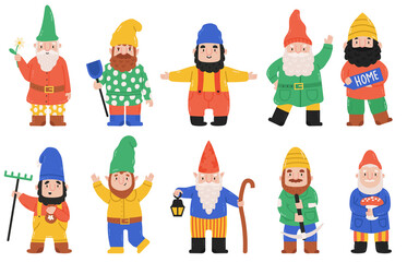 Wall Mural - Cute garden gnomes. Dwarf characters with lantern, flowers and mushroom, fairy tale mascots. Funny garden bearded dwarfs vector illustration set