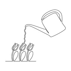 Wall Mural - Watering tulips, continuous line. Vector illustration, isolated on white background.